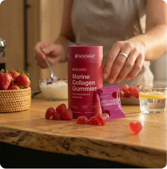 Woman indoors holding NO CHEAT jar with strawberries