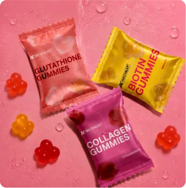 Assorted NO CHEAT gummy supplement sachets on pink background