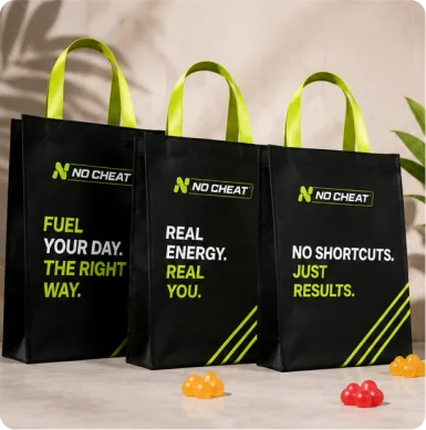 NO CHEAT branded shopping bags displayed with wellness product branding