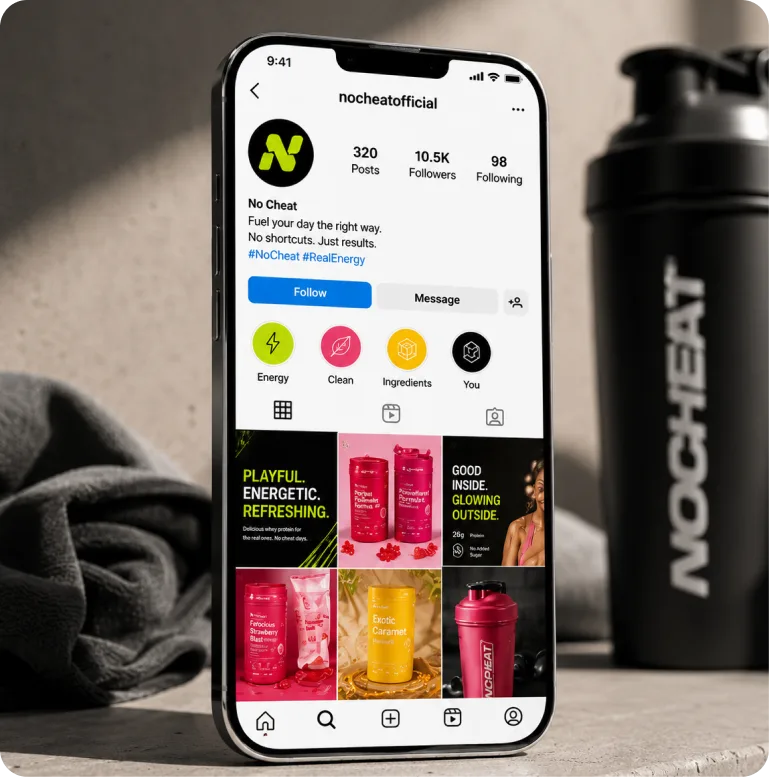 NO CHEAT Instagram profile displayed on smartphone with gummy supplements